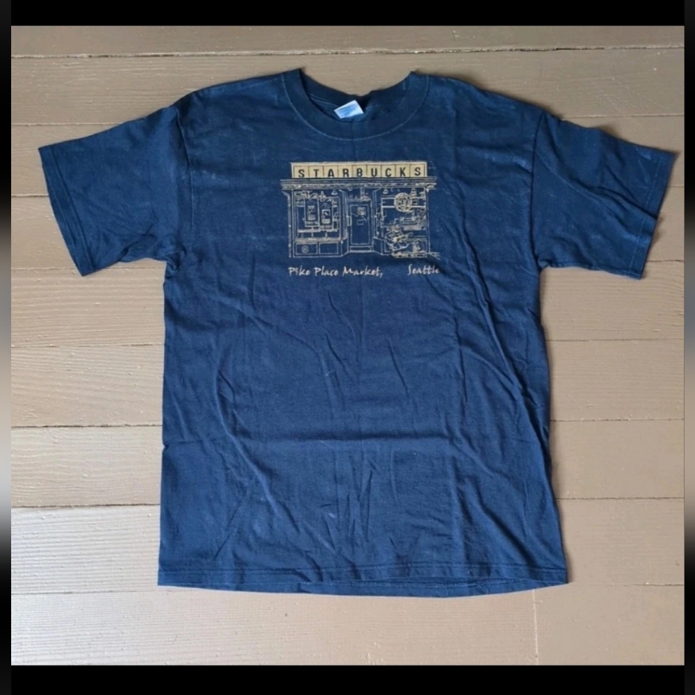 The Original Starbucks Pike Place Market Seattle T-Shirt Adult Size L Navy Blue